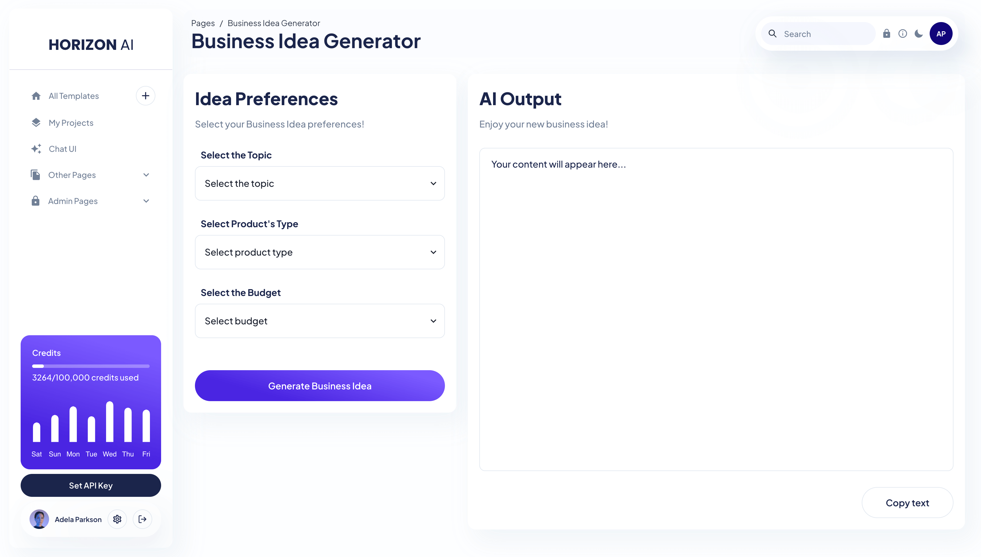 Horizon ChatGPT AI Template - Business Idea Generator Prompt Page